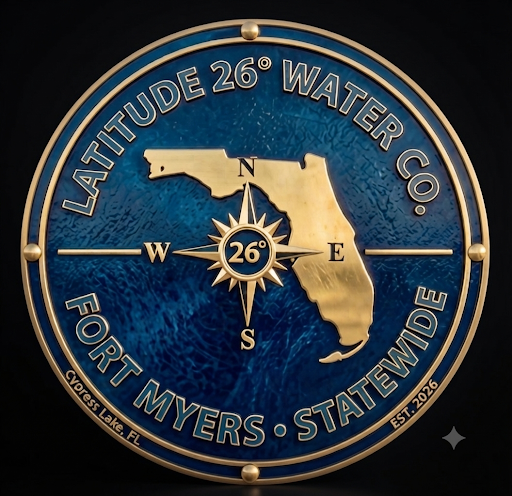 Latitude 26 Water Company Gold and Blue Medallion Seal